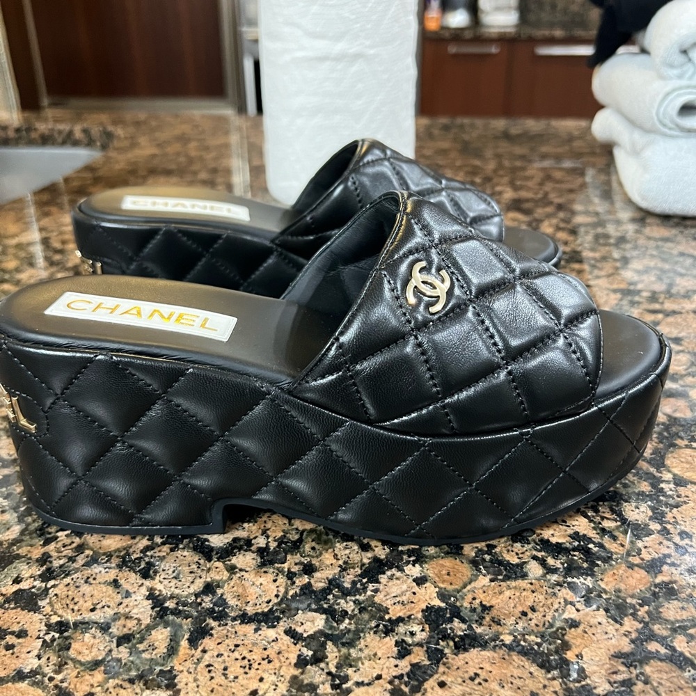 Chanel - open toe leather platform wedges   Barely worn, great condition.